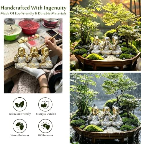 Golden Monks Resin Buddha Statue Small, Meditation Room Feng Shui Decor - Image 3