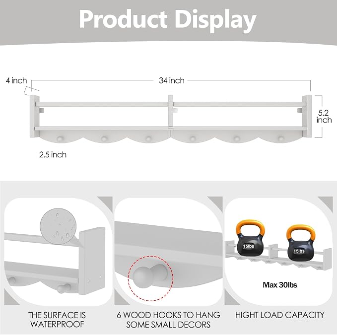 34Inch Nursery Bookshelves, Wall Floating Shelf Kids Coat Rack - Image 3