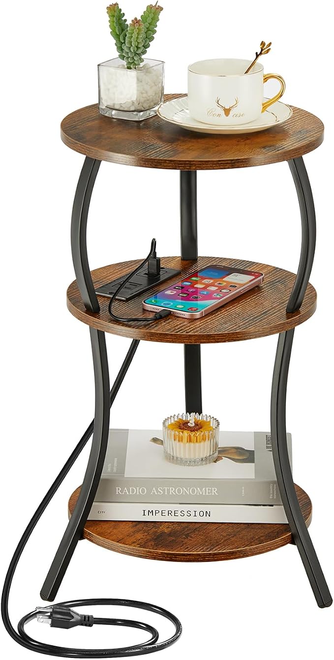 Small Round Side Table with Charging Station, 3-Tier Waist Circular End Table by YEAKOO