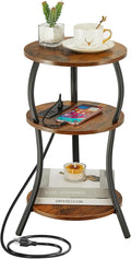 Small Round Side Table with Charging Station, 3-Tier Waist Circular End Table by YEAKOO