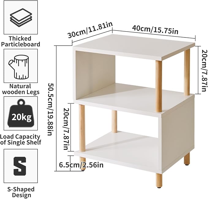 Aibiju White Night Stand with Open Storage Shelf, Wood Nightstand S Shape - Image 3