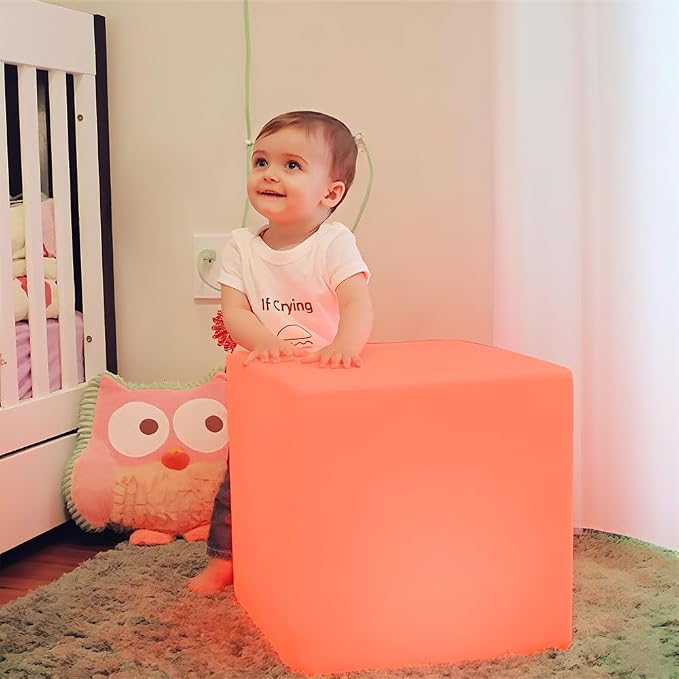 LED Cube Chair for Kids, 14-Inch RGB Color Changing LED Cube Seat w/ Remote by BALMOST