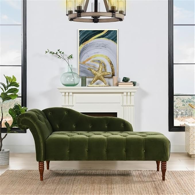 Pemberly Row Tufted Roll Arm Chaise Lounge, Olive Green Velvet Upholstery - Image 4