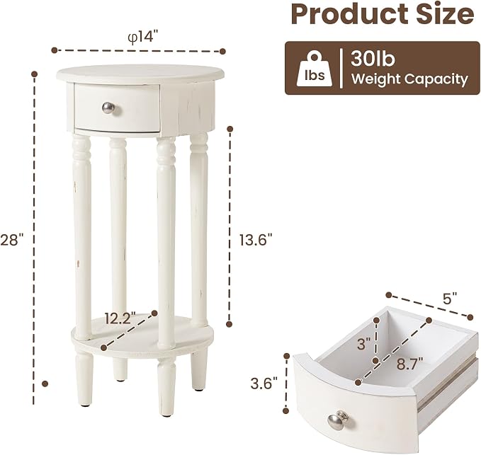 HOMPUS Round End Table with Drawer, Tall end Table with Open Shelf, Farmhouse - Image 2
