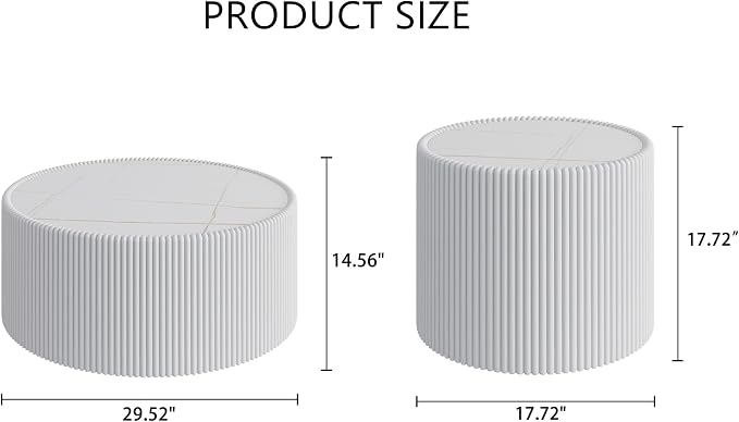 White Marble Coffee Table Set of 2, 29.52" Round Flued Coffee Table and End - Image 2