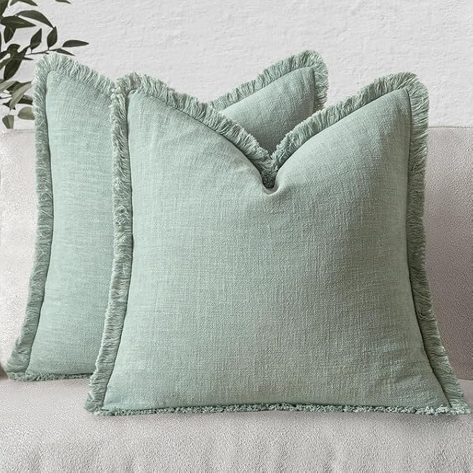 MIULEE Boho Linen Fringe Decorative Throw Pillow Covers Aqua Green 20x20 | Set by MIULEE