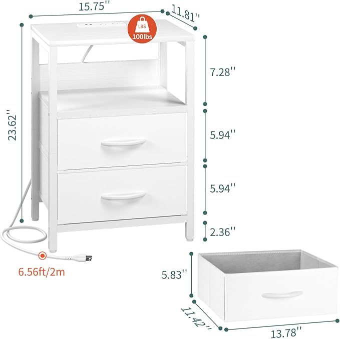 Yoobure Nightstand with Charging Station, Small Night Stand with Fabric Drawers - Image 3