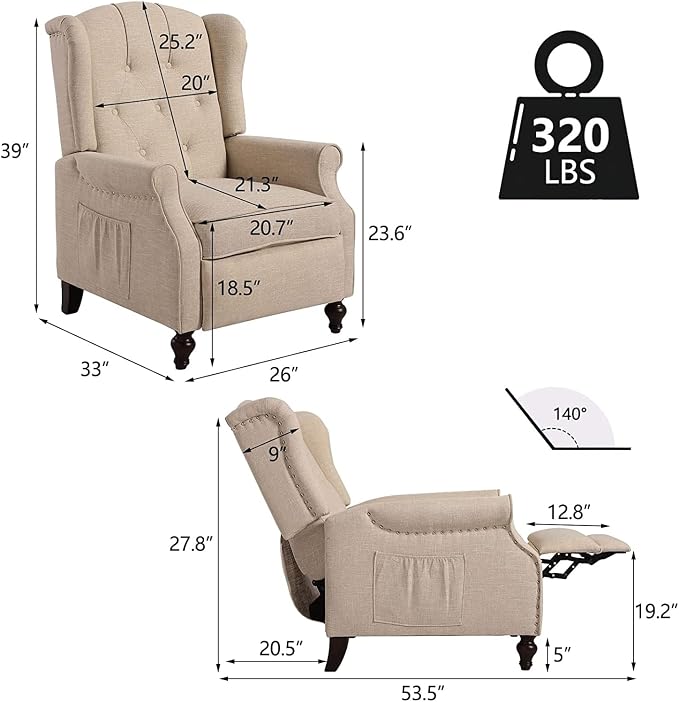 Wingback Recliner Chair with Massage and Heat, Tufted Fabric Push Back Recliner - Image 2