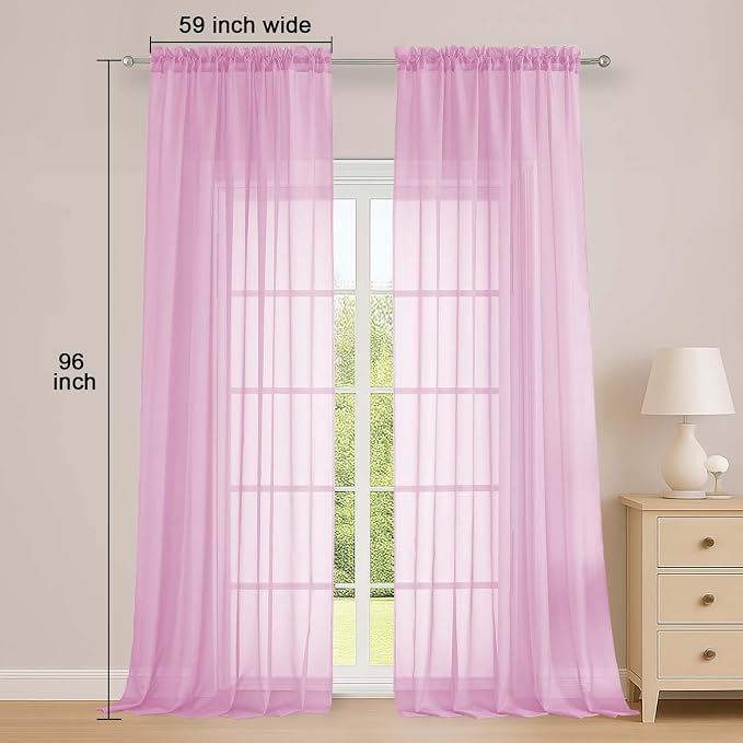 Extra Long Pink Sheer Curtains 96 Inches Long 2 Panels Set, Soft Lightweight - Image 2