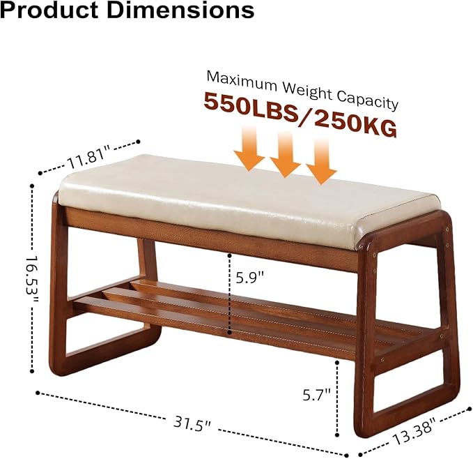 SOBIBO Solid Wood Shoe Bench, 2-Tier Wooden Entryway Bench, Modern Shoe Rack - Image 2