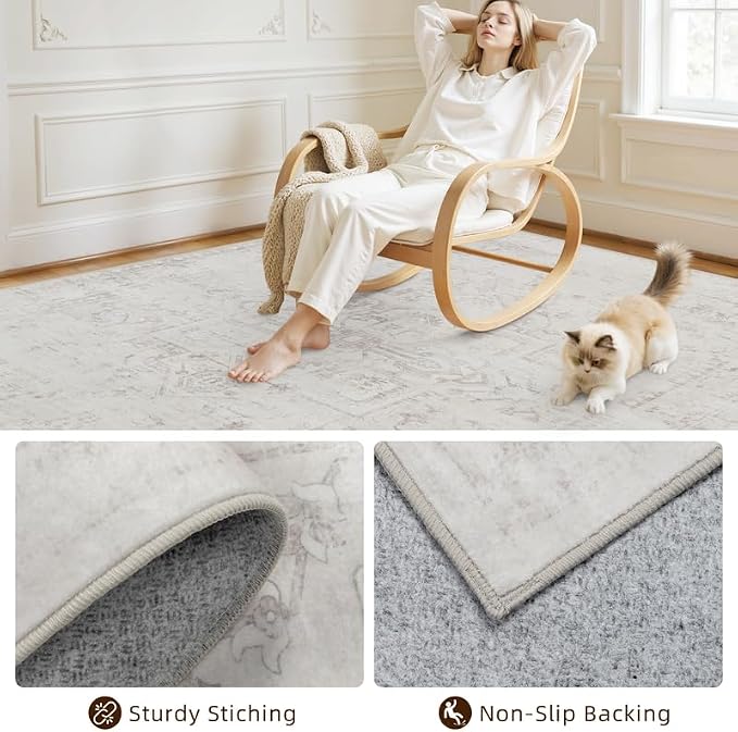 10x14 Area Rugs Living Room: Bedroom Washable Carpet Neutral Cream | Large - Image 4
