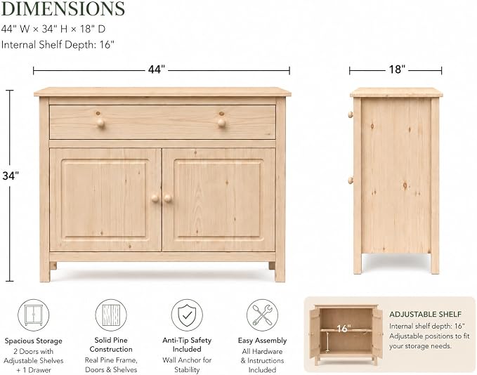From the Tree Furniture 44" Wide Solid Pine Shaker Sideboard Buffet Cabinet — 2 - Image 2