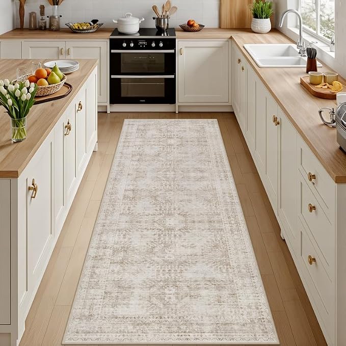 2'6''x8' Hallway Washable Runner Rug: Neutral Kitchen Carpet Brown | Vintage by Luxturiy