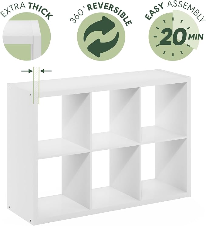 Furinno Cubicle Book Shelf, 6-Cube Bookshelf, Extra Thick Frame Horizontally & - Image 9