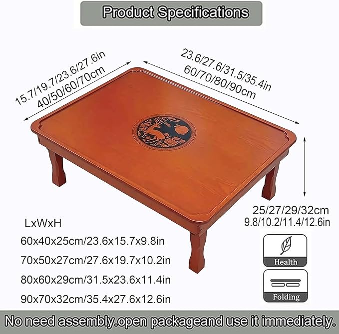 Folding Coffee Table, Japanese-Style Low Wood Table, Square Floor Sitting Tables - Image 2
