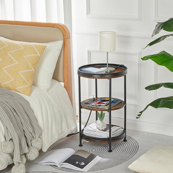 Dulcii Round Side Table with Charging Station, End Table with 3 Shelves - Image 5