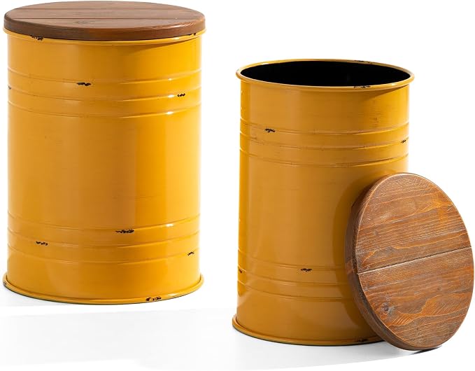 Glitzhome Rustic End Table Set of 2, Farmhouse Galvanized Metal Barrel Ottoman - Image 3