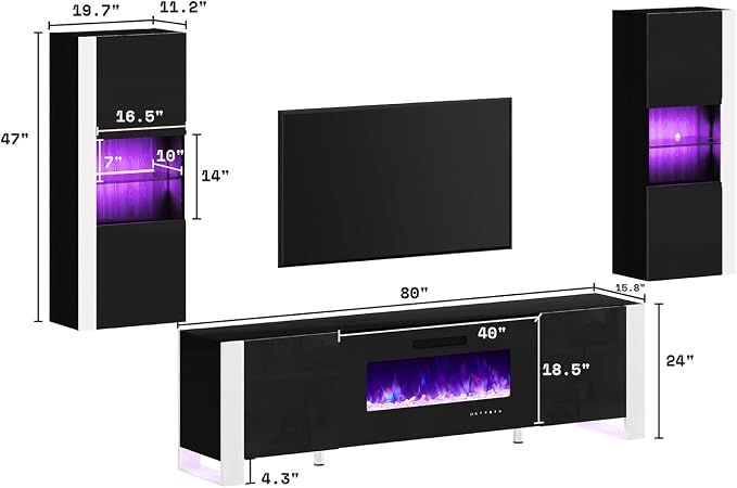 AMERLIFE 3-Piece Modern Wall Unit Entertainment Center Set, High Gloss 80" - Image 5