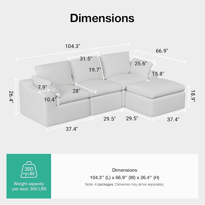 Novilla 104.3" Modular Cloud Couch, Modern Sectional Sofa - Image 2