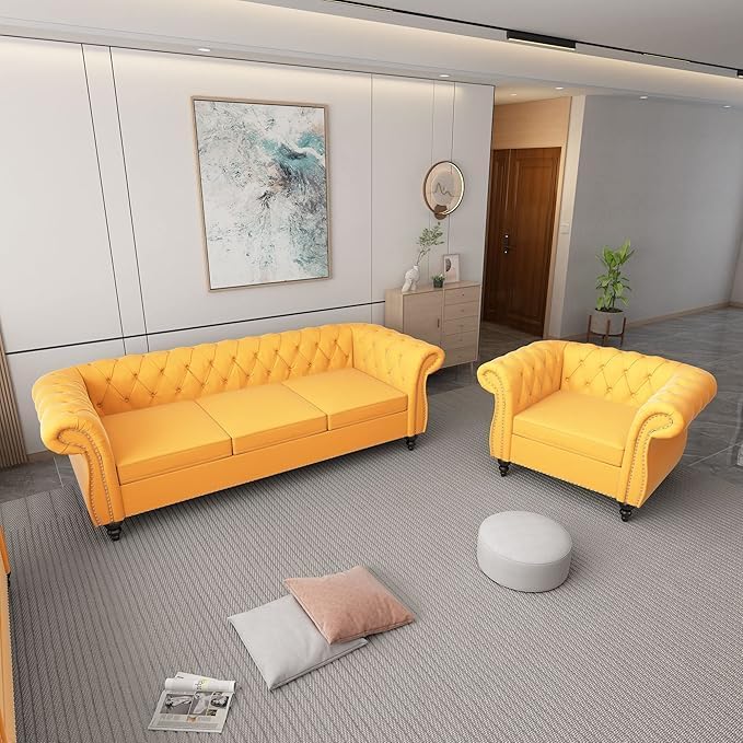 Chesterfield 3 Seater Sofa, Modern Velvet Tufted Couch 3 Seater - Image 9