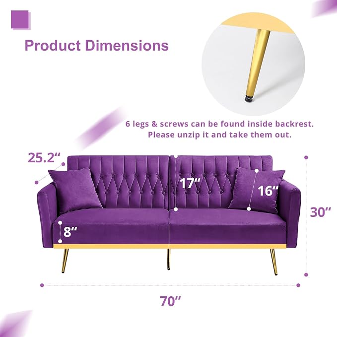 70” Velvet Futon Sofa Bed with 2 Pillows and Adjustable Armrests, Convertible - Image 3