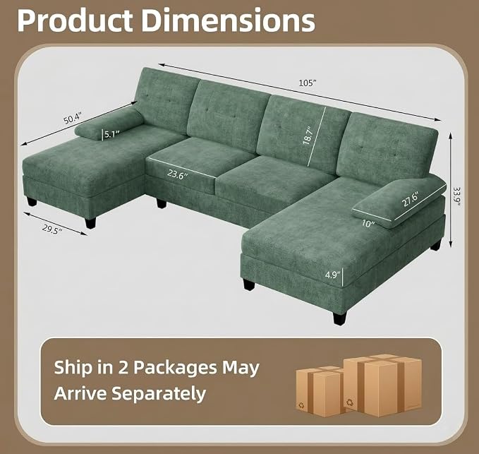 U-Shaped Sectional Couches for Living Room, 4 Seat Sofa - Image 2