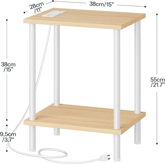 HOOBRO Side Table with Charging Station, Nightstand with 2-Layer Storage Shelves - Image 3