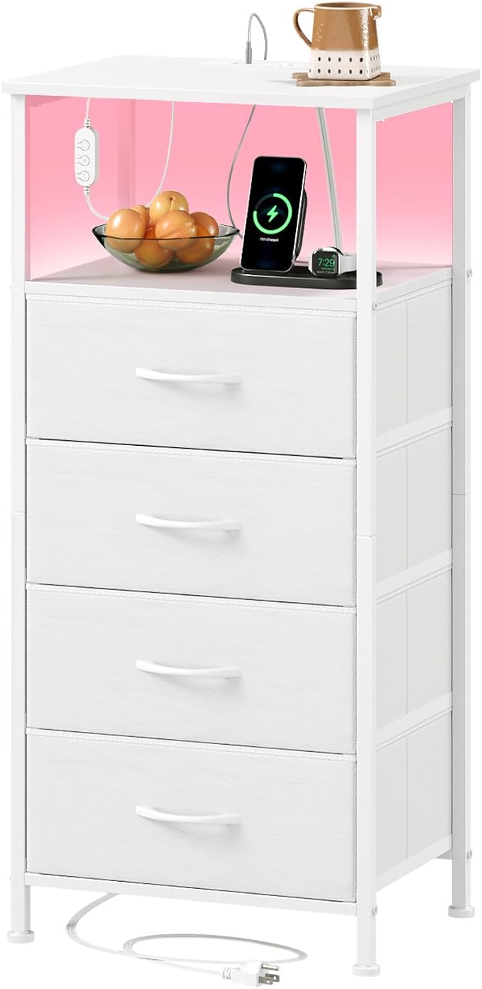 Somdot White Nightstand with Charging Station and LED Light by Somdot