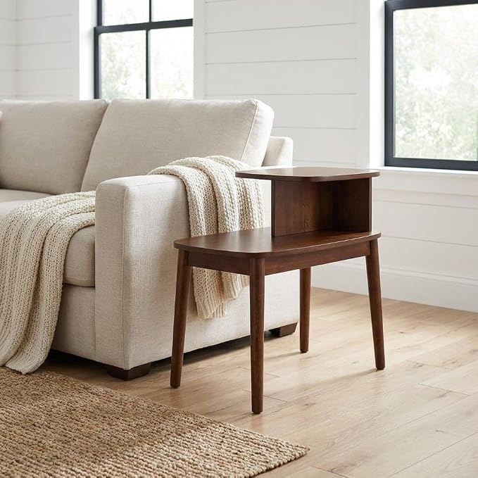 Furnifact Brown Chairside End Table, 2 Tier Shelves, Mid-Century Style Solid - Image 2