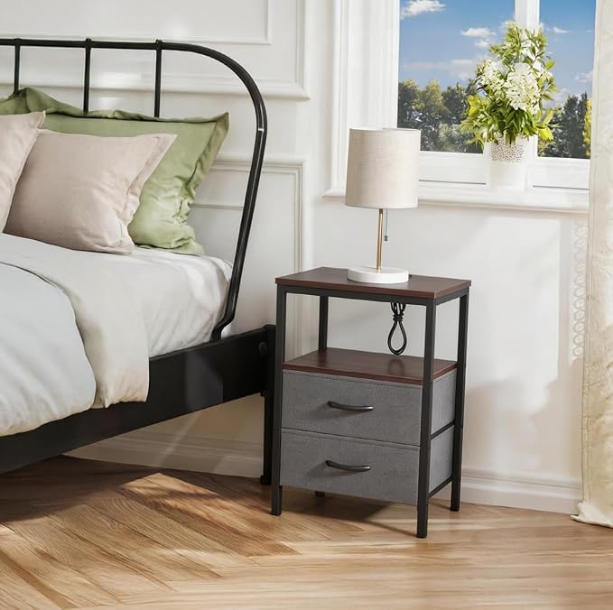 Huuger Nightstand with Charging Station, Fabric Drawers, End Table with Open - Image 2