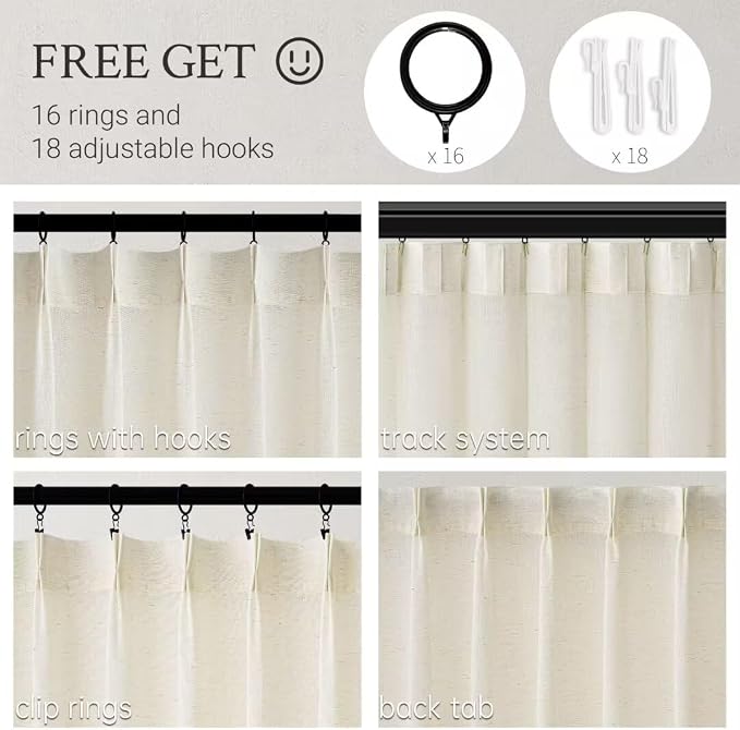 Topfinel Pinch Pleated Curtains 90 Inches Long 1 Panels Set, Natural Cream Semi - Image 2