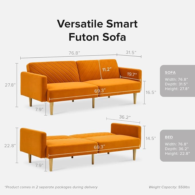 mopio 76.4" Futon Sofa Bed, Sleeper Sofa, Mid Century Modern Futon Couch - Image 2