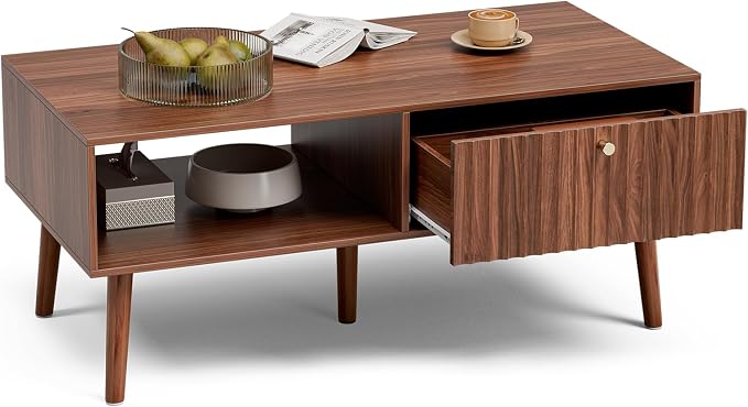 LCRBOL Coffee Table with Storage, Mid Century Dining Table with Fluted Drawer - Image 7