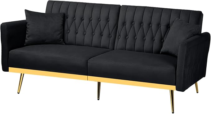 70” Velvet Futon Sofa Bed with 2 Pillows and Adjustable Armrests, Convertible - Image 8
