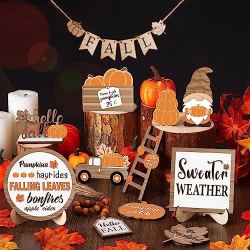 Maitys 21 Pcs Fall Tiered Tray Decor Set Hello Fall Pumpkin Gnome Truck Wood Sign Rustic Farmhouse Thanksgiving Wood Bead Decorative Tabletop Sign for Home Autumn Thanksgiving Harvest Table Shelf - Image 2
