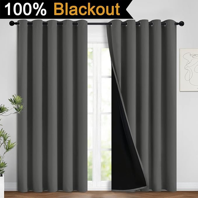 Yakamok Dark Grey 100% Blackout Curtains 96 Inches Long 62" Wide 2 Panels | - Image 2