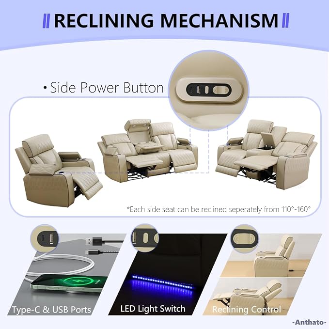 Power Recliner Sofa Set, Living Room Furniture Sets, Leather Reclining Sofa Set - Image 4