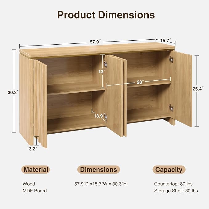 Fluted Cabinet with 3D Ripple Doors, 57.9" W Storage Cabinet with Adjustable - Image 2