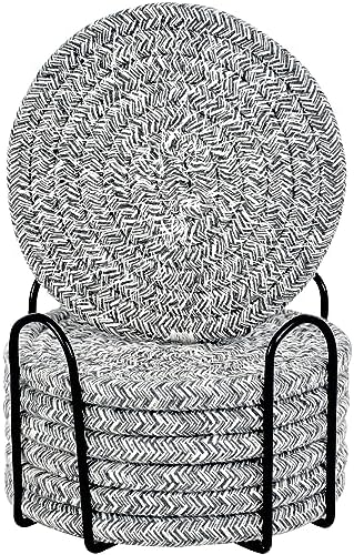 ABenkle 8 Pcs Drink Coasters with Holder, Cotton Woven Absorbent Coasters for Drinks, Minimalist Home Decor Coaster Set for Wooden Tabletop Protection Table, 4.3 inches Mied Gray by ABenkle