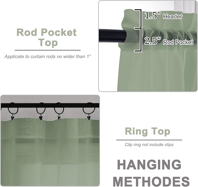 Extra Long Sage Green Sheer Curtains 144 inch 2 Panels Set, Translucent - Image 5