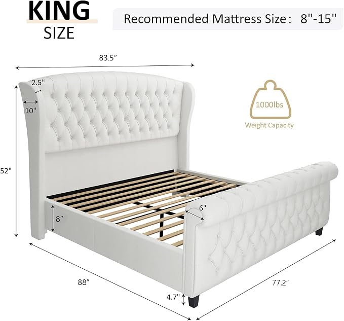 AMERLIFE King Size Platform Bed Frame, Chenille Upholstered Sleigh Bed - Image 2