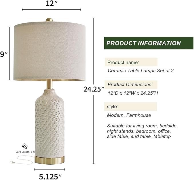 G-SAFAVA 24.25" Table Lamps Set of 2 Modern Ceramic Lamps - Image 6