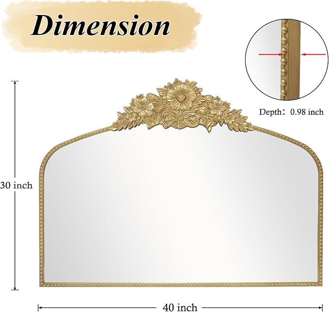 Arch Antique Gold Mirror, 40x30inch Baroque Style Vintage Metal Frame Wall - Image 3