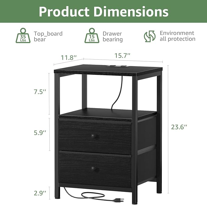 BOLUO Black Nightstand with Charging Station, LED Night Stand with 2 Fabric - Image 3