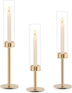 Gold Hurricane Candle Holders Set of 3, Tall Metal & Windproof Glass Taper - Image 9