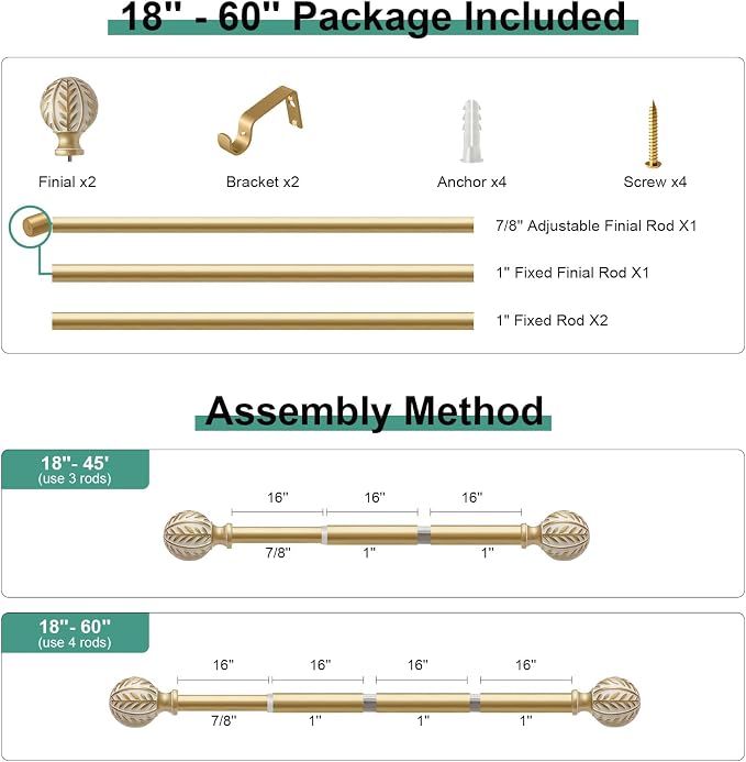 QDWIS Gold Curtain Rods for Windows 28 to 48 inch, Rustic Decorative Drapery - Image 8