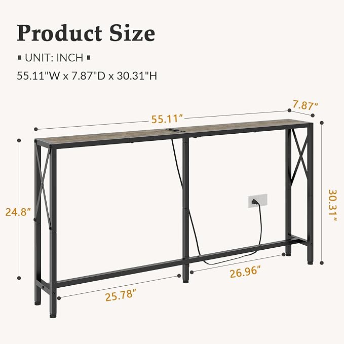 Gewudraw Sofa Table with Oulets and USB Ports, 55.1" Couch Table Behind Sofa - Image 3