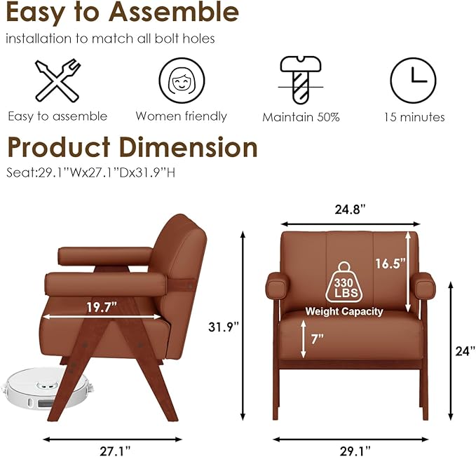 STHOUYN Brown Leather Accent Chairs, Mid Century Modern Chair, Side Arm Chairs - Image 2