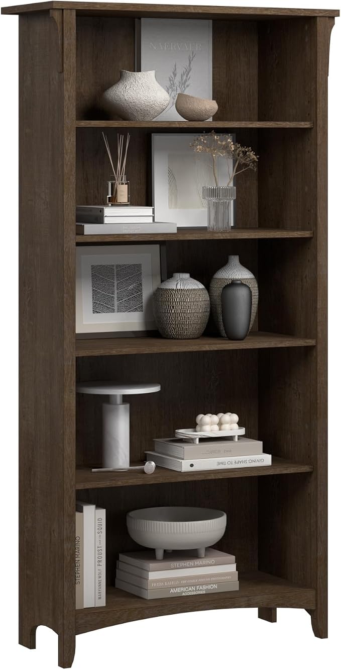 Bush Home Salinas 5 Shelf Bookcase in Ash Brown, Tall Bookshelf, Large Book by BushHome
