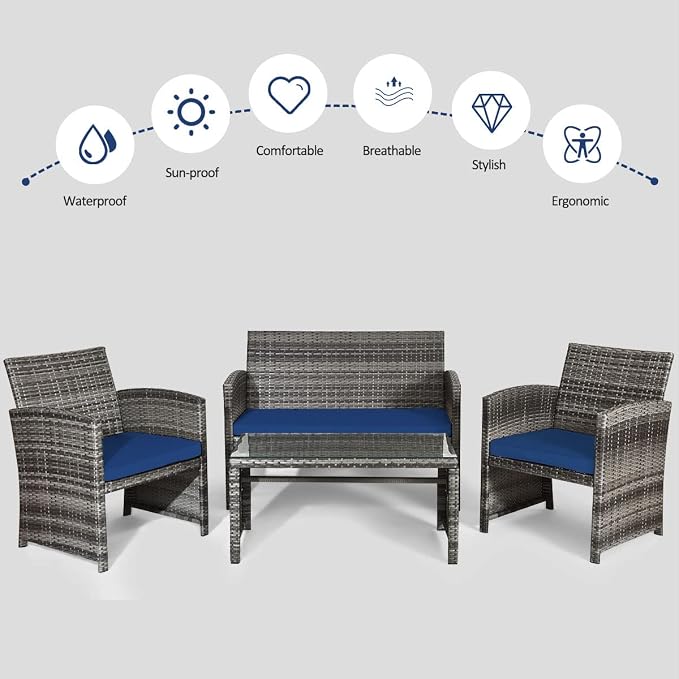 Tangkula 4 PCS Wicker Patio Conversation Set, Outdoor Rattan Sofas - Image 9